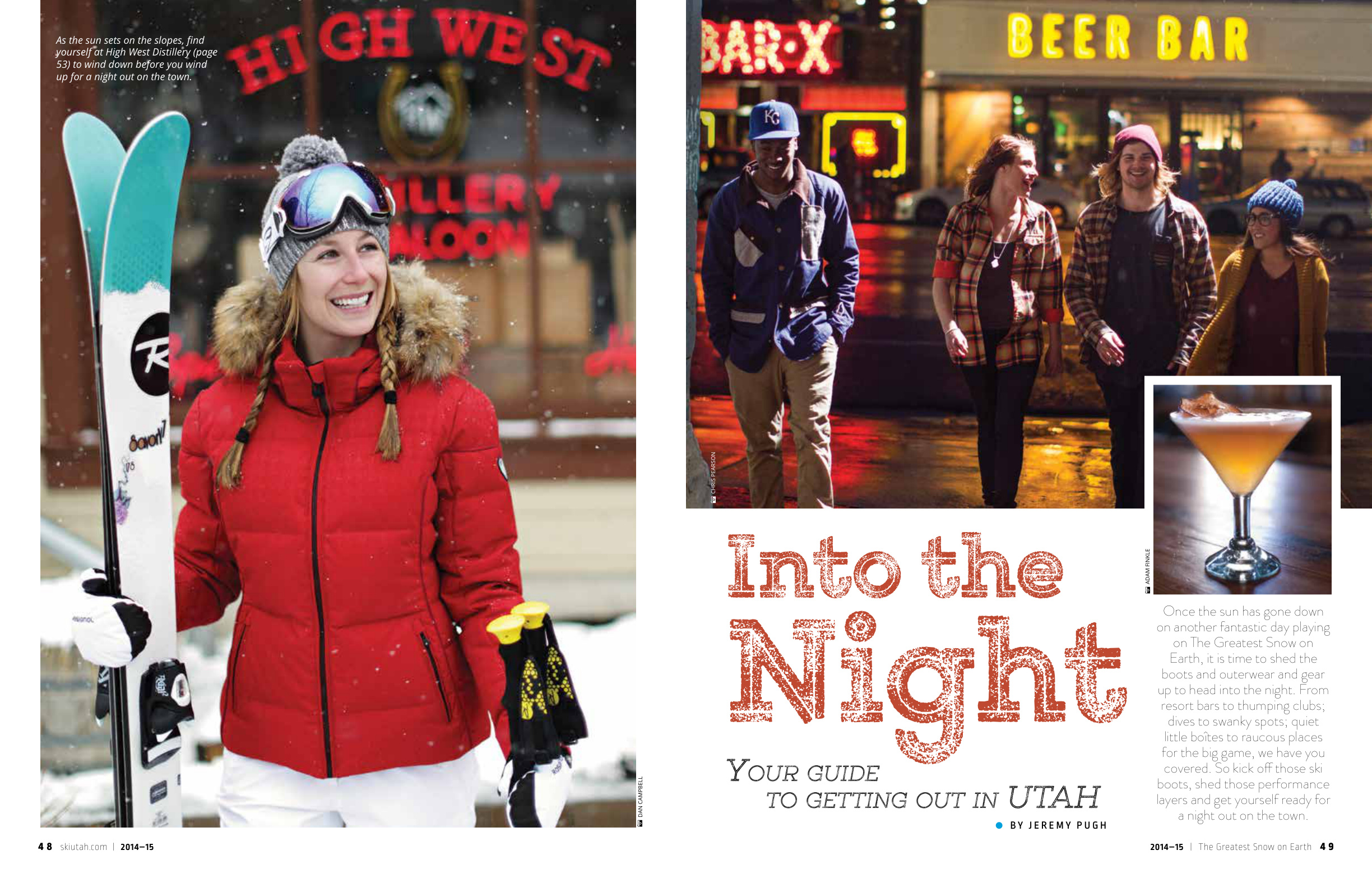 Magazine spread for 'Into the Night: A Guide to Getting Out in Utah,' Ski Utah magazine, 2014-15 edition